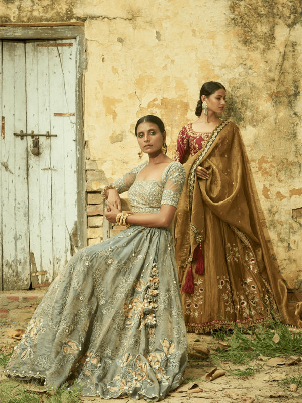 Coventry Grey Lehenga in handloom chanderi silk