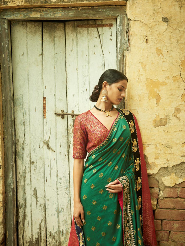 Deep Green Handloom moonga silk Banarsi Saree