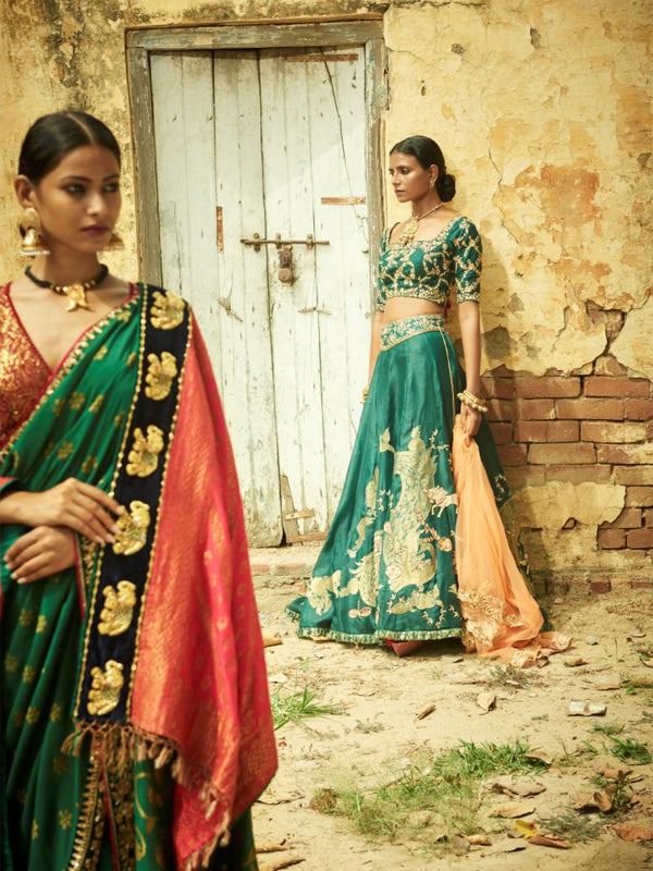 Deep Green Handloom moonga silk Banarsi Saree