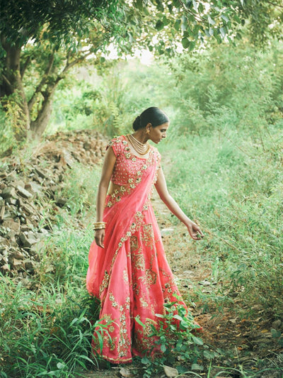 Candy pink banarasi organza lehenga