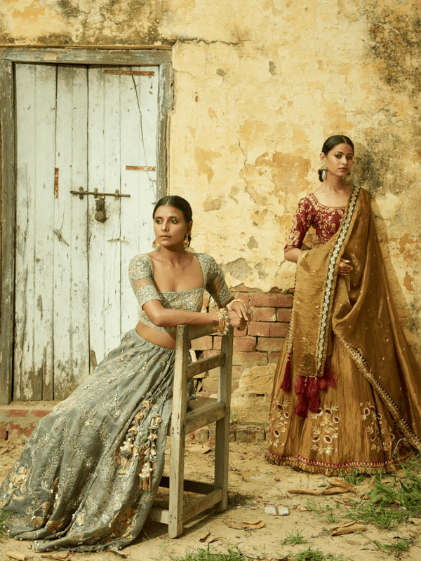 Coventry Grey Lehenga in handloom chanderi silk